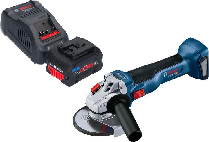 1x Bosch GWS 18V-10 Professional Akku Winkelschleifer, 1x Schnellspannmutter, 1x Schutzhaube, 1x Aufnahmeflansch, 1x Bosch GBA ProCORE 18 V 8,0 Ah Professional Li-Ion Einschub Akku, 1x Bosch GAL 1880 CV Schnellladegerät