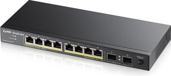 Actual product image Zyxel GS1100-10 v2, Gigabit desktop switch, 8x GbE PoE, 2x SFP, unmanaged, PoE budget (8 Ports)