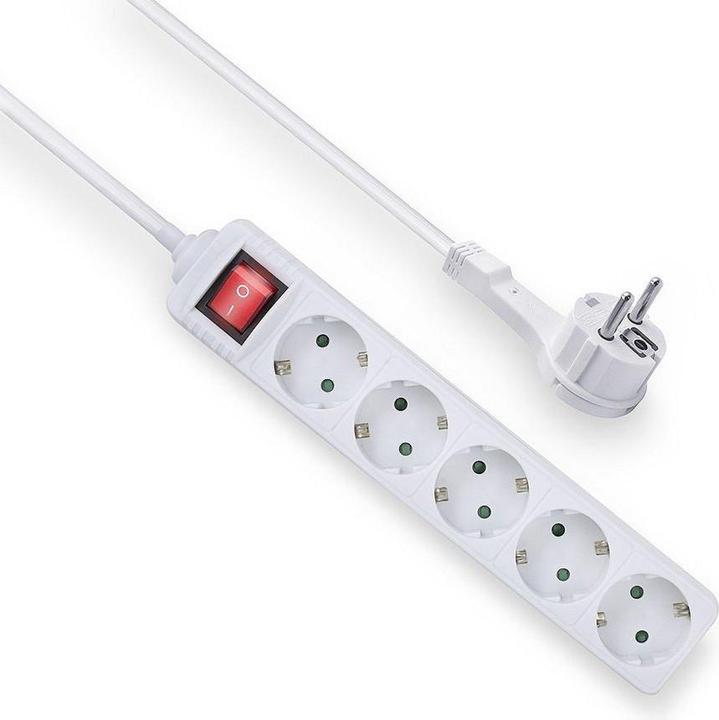 Actual product image Power strip with illuminated switch and flat plug, 5 sockets, 1.5 m, white (5 x, CEE 7/3, 1.50 m)