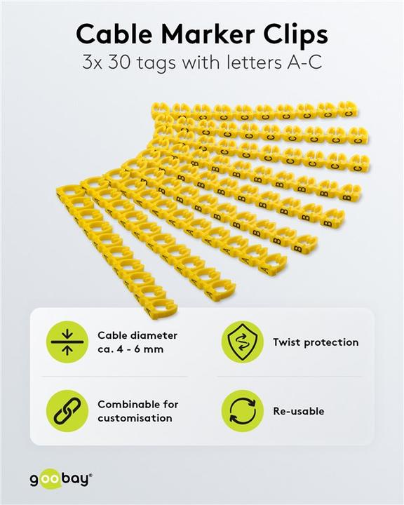 Actual product image Goobay cable marker clips "Letters A-C", for cable diameters up to 6 mm, 6 mm