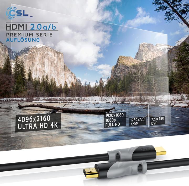 Produktbild CSL HDMI Kabel 2.0b - 4k Ultra HD 2160p - High Speed - 3D Ready - 3 fach geschirmt - HDMI 2.0b 2.0a 2.0 (5 m, HDMI)