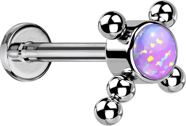 Star Piercing Micro Threadless Labret silber Kreuz Kugeln Opal violett (Titan G23, ohne Messing)