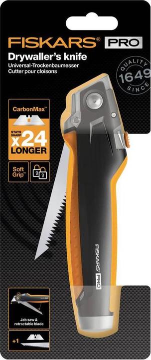 Produktbild Fiskars Universal-Trockenbaumesser, Länge 18,5 cm, Rostfreier Stahl/Kunststoff, Schwarz/Orange, Carb (Cutter)