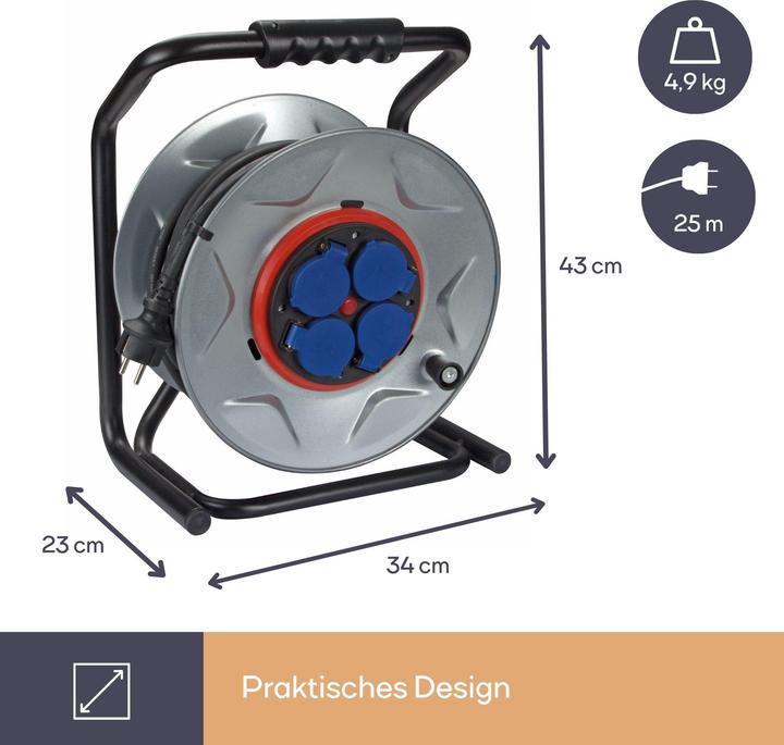Actual product image Velleman PROFESSIONAL NEOPRENE CABLE REEL WITH ANTI-TWIST SYSTEM - 25 m - 3G2.5 - 4 SOCKETS - FRENCH SOCKET (25 m, 2.50 mm²)