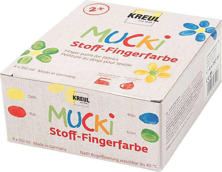 Kreul Mucki Fingerfarbe Textil 4er Set (Gelb, Rot, Blau, Grün, 600 ml)