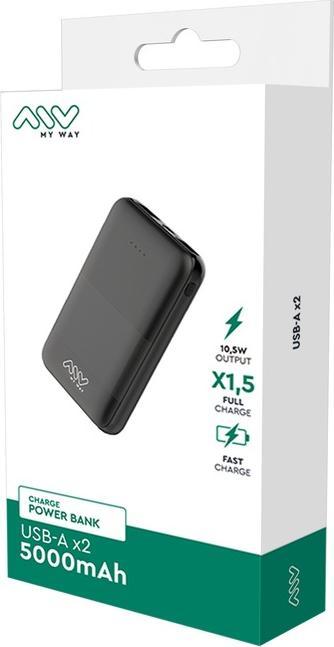 Produktbild My Way MYWAY POWERBANK 2 USB 5000mAh NOIR (5000 mAh, 10.50 W, 18.50 Wh)