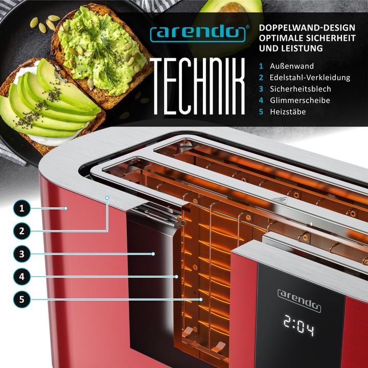 Produktbild Arendo Toaster Edelstahl 4 Scheiben Langschlitz, Bräunungsgrad & Restzeitanzeige, Touch Display, 1500 W (EU-Stecker)