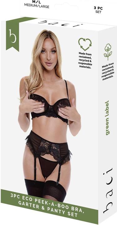 Actual product image Baci XGEN 3Pc Eco Peek-A-Boo Bra, Garter & Panty Set - Playful Black Lace Lingerie Set - Size S/M (UK Siz (S, M)