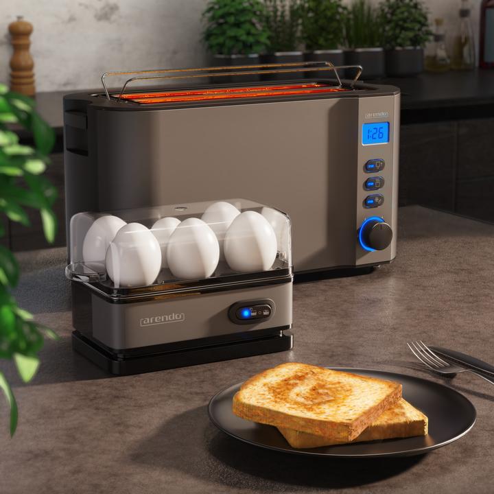 Produktbild Arendo Frühstücks Set, 4 Scheiben Langschlitz Toaster mit Brötchenaufsatz & Eierkocher für 6 Eier, Grau