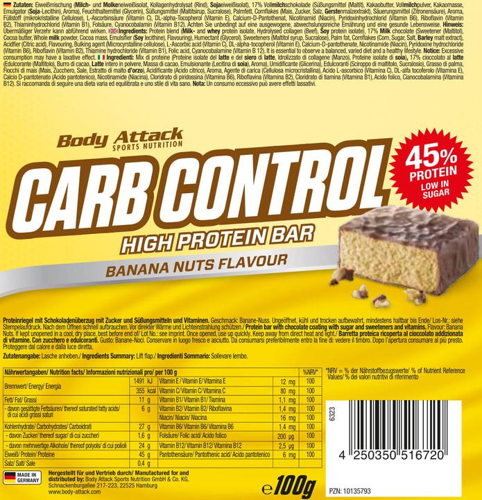 Nährwerte und Zutaten Body Attack Carb Control (15x100g Riegel) (Stracciatella, 15 Stk., 1500 g)