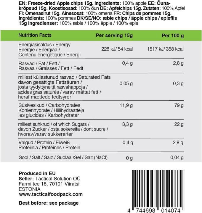 Nutritional values and ingredients Tactical Foodpack Chips (15 g)