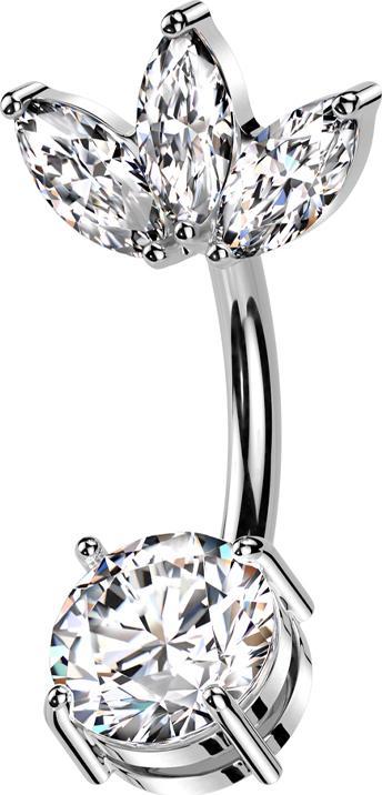 Star Piercing Banane silber Blatt drei Ovale Kristalle silber und Kristall silber gefasst (Chirurgenstahl 316L, Messing)