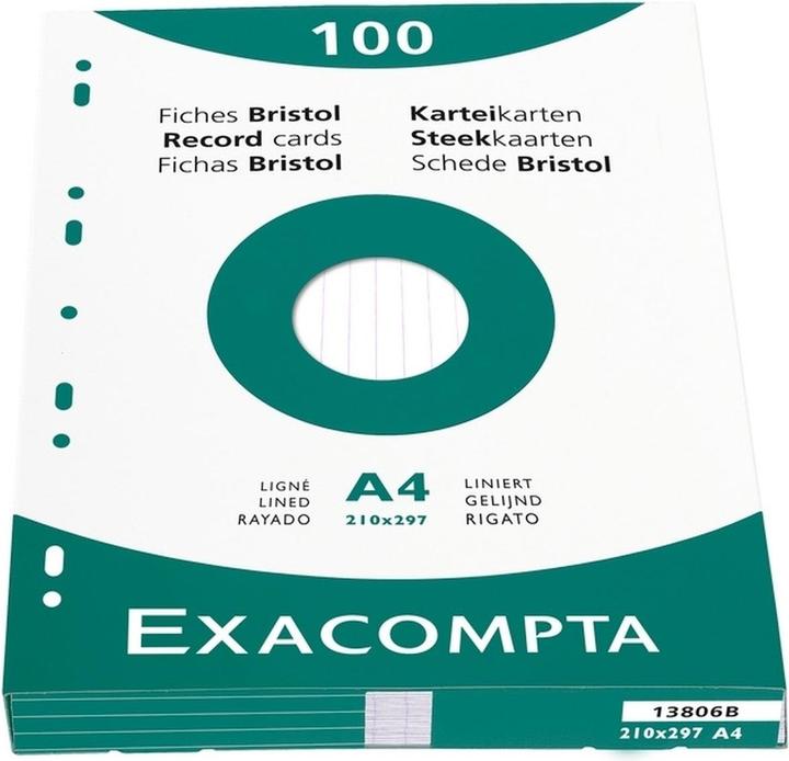 Exacompta Étui de 100 fiches - bristol ligné non perforé 210x297mm - Blanc (210 x 297 mm, 205 g/m², 100 x)