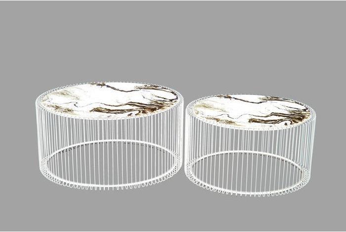 Actual product image Designlife Coffee Table Wire Glass Marble White (2/Set) (69 x 70 x 34 cm)