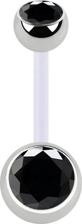 Produktbild Star Piercing Banane transparent mit zwei Kugeln silber Kristall schwarz (Bioflex, ohne Messing, Chirurgenstahl 316L)