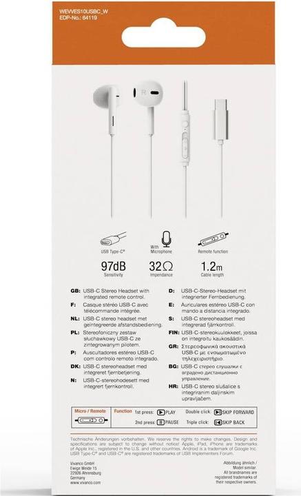 Produktbild Vivanco USB-C Capsule In-Ear Stereo Headset, weiss, kabelgebunden inkl. Fernbedienung (Kabelgebunden)