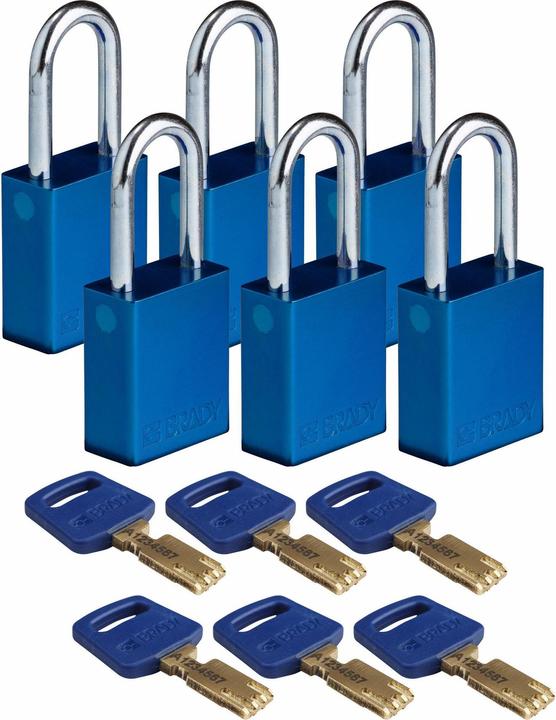 Actual product image Brady Safekey aluminium padlock with steel shackle, blue, 38 mm shackle height, 6.4 mm shackle diam