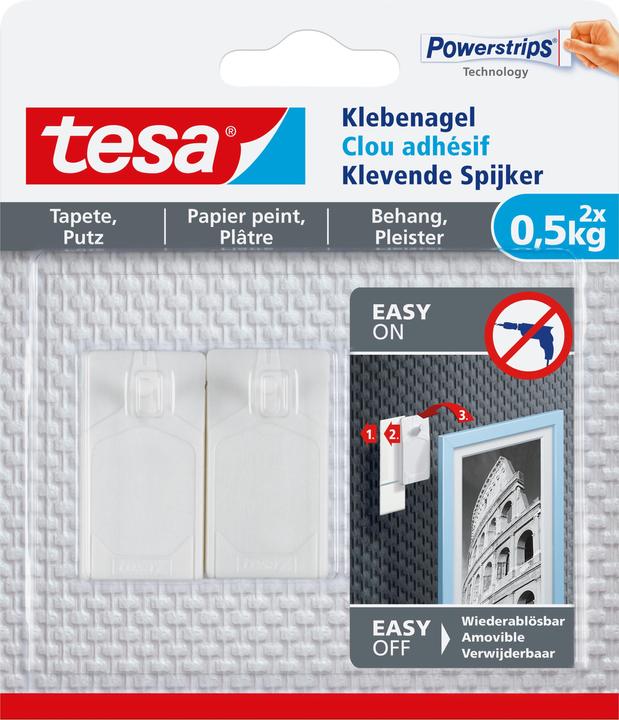 tesa Klebenagel für Tapete & Putz, 0,5kg Halteleistung, spurlos ablösbar & wiederverwendbar, 2 Nägel