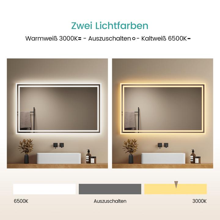 Produktbild Emke Badezimmerspiegel mit Beleuchtung 100*60cm,Beschlagfrei, 3000K/6500K,Tast Schalter (100 x 60 x 35 cm)