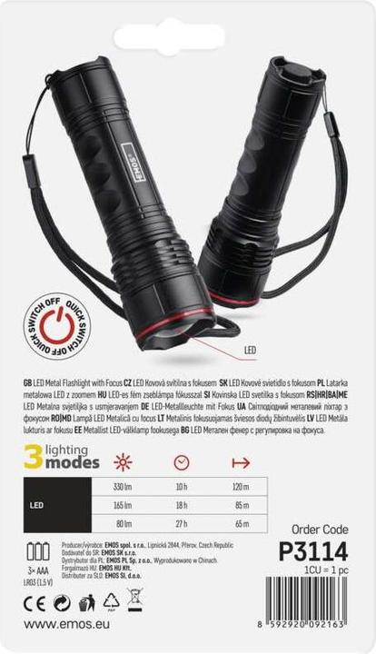 Produktbild Emos LED Metall-Taschenlampe, 330 lm, 3× AAA, FOKUS (12.80 cm, 330 lm)