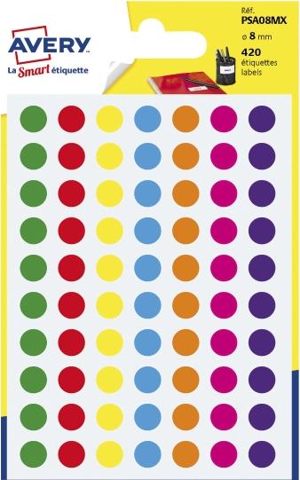 Actual product image Avery PSA08MX, Mixed colours, Round, Durable, Paper, FSC, 8 mm
