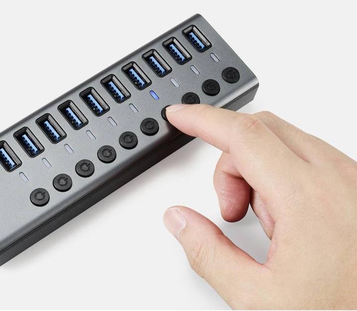 Image du produit Renkforce Commutateur 10 ports USB 3.2 Gen 1 + Hub (USB 3.0) avec boîtier aluminium Argent-Noir (USB-A, 10 Ports)