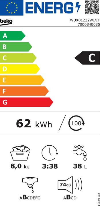 Etichetta energetica Beko WUX81232WI/IT lavatrice Libera installazione Caricamento frontale 8 kg 1200 Giri/min C Bianco (8 kg, A sinistra)
