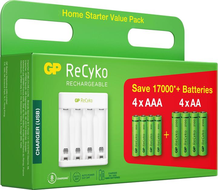 Actual product image GP Batteries ReCyko E111 4-Port USB Charger. + 4xAA 2100mAH + 4x AAA 800mAh (8 pcs., AAA, AA, 2100 mAh, Rechargeable battery)