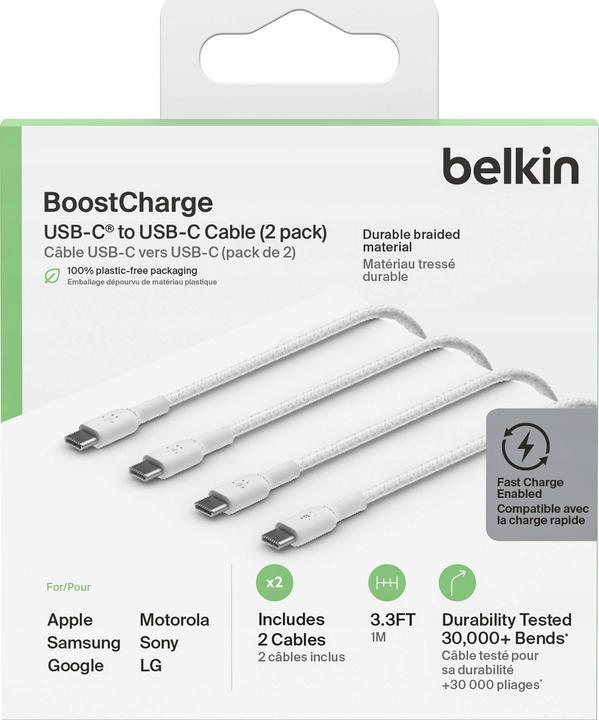 Actual product image Belkin USB-C to USB-C PVC White 1m Twin Pack (1 m, USB 2.0)