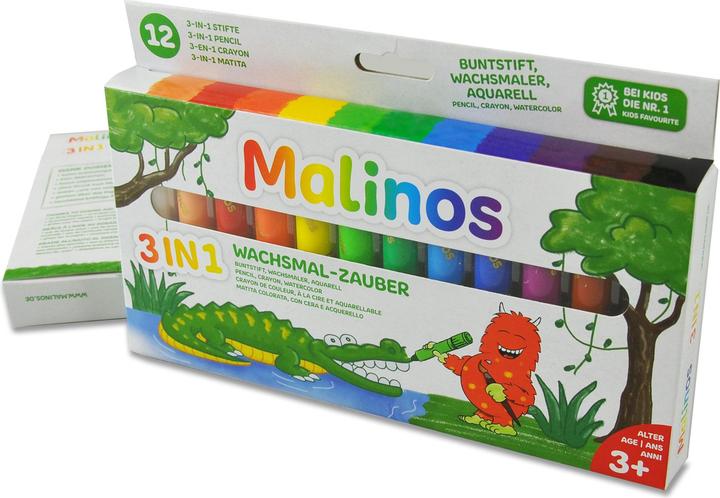 Image du produit Malinos crayons de cire 3 en 1 (Noir, Marron, Bleu foncé, Bleu clair, Vert clair, Lila, Blanc, Rouge, Vert, Jaune, Orange, Rose, 12 x)