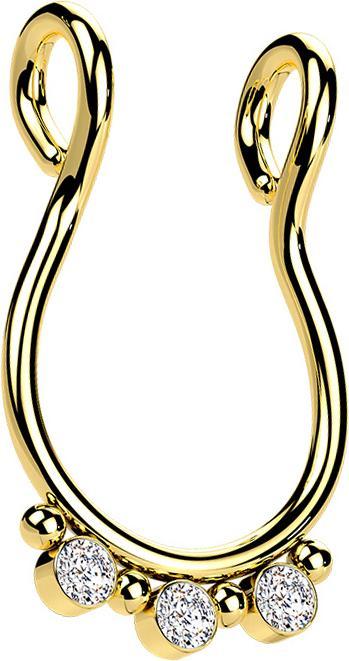 Star Piercing Fake Septum vergoldet vier Kugeln drei Kristalle silber (Chirurgenstahl 316L mit Kristall)