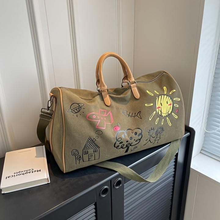 Actual product image Only-Bags.Store Vintage Canvas Travel Duffel Bag, Cartoon Graffiti Print Weekend Bag with Shoulder Strap, Portable