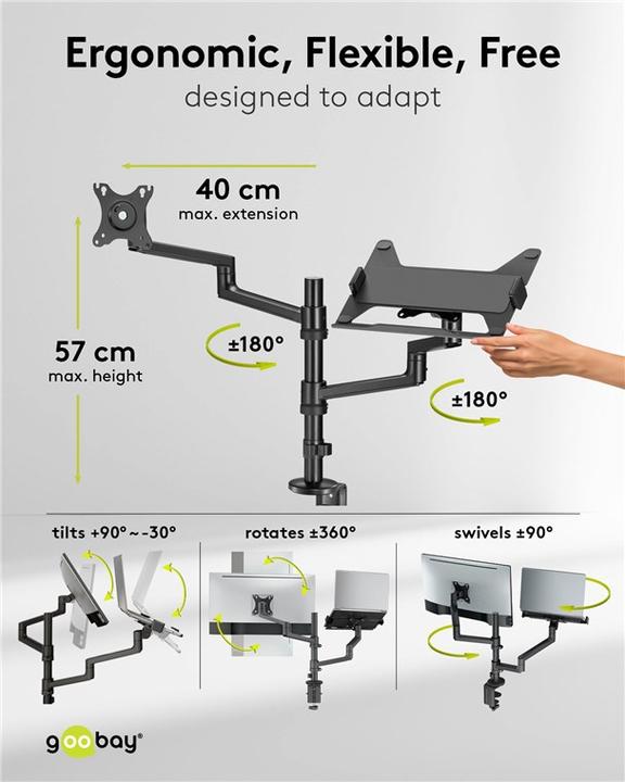 Produktbild Goobay Deluxe Monitorhalterung mit Laptop-Arm, schwarz (Tisch, 32")
