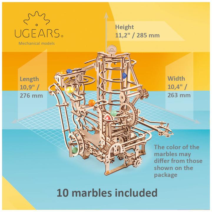 Actual product image Ugears 70177 - Model kit marble run with spiral lift, 266 components, 3D wooden puzzle