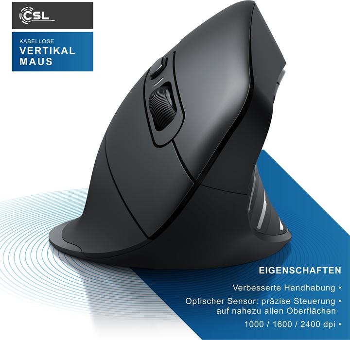 Actual product image CSL ergonomic mouse, radio, vertical, optical, wireless, 2.4Ghz & Bluetooth, arm-friendly, 2400 dpi (Wireless)