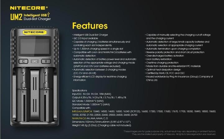 Produktbild Nitecore UM2 USB-Ladegerät (1 Stk., 14500, 16340, 18650, 26650, Ladegerät ohne Akku)