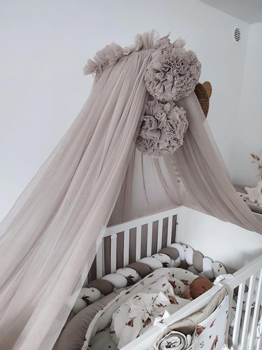 Actual product image Baby-Nest Canopy tulle taupe with 2 pompoms