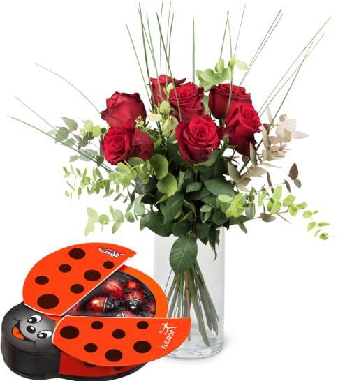 Image du produit Fleurop 7 roses rouges avec verdure et coccinelle en chocolat (Fleurs coupées)