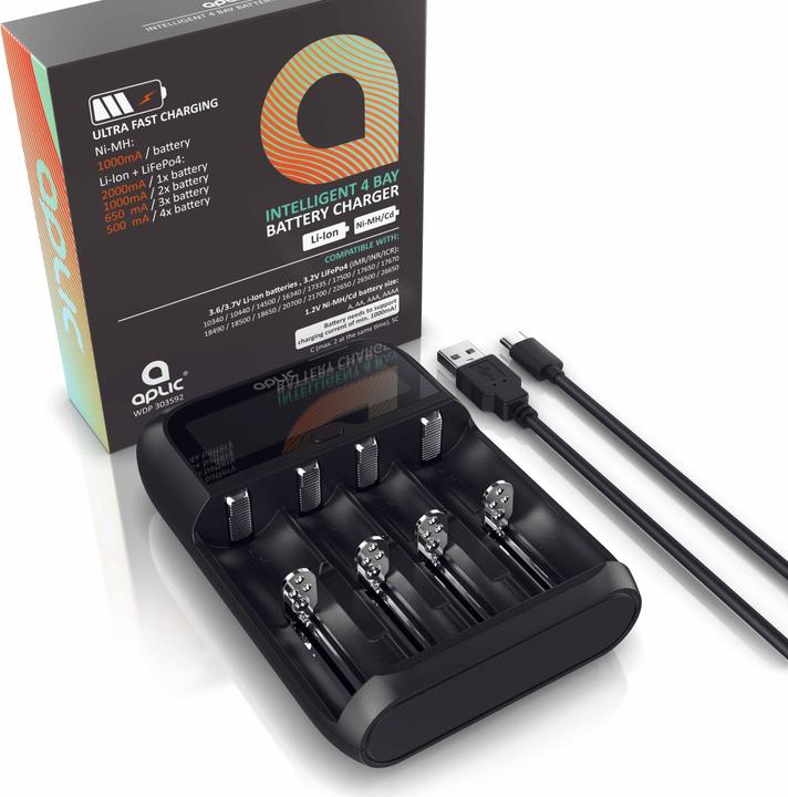 Produktbild Aplic Batterie Ladegerät 2000mA, Universal Akku Ladegerät für Li-ion, Ni-MH, Ni-Cd, LiFePo4 Akkus, Display (14500, 17500, 18500, 18650, 20700, 21700, 22650, 26500, 26650, C, A, AAA, AA, Ladegerät ohne Akku)