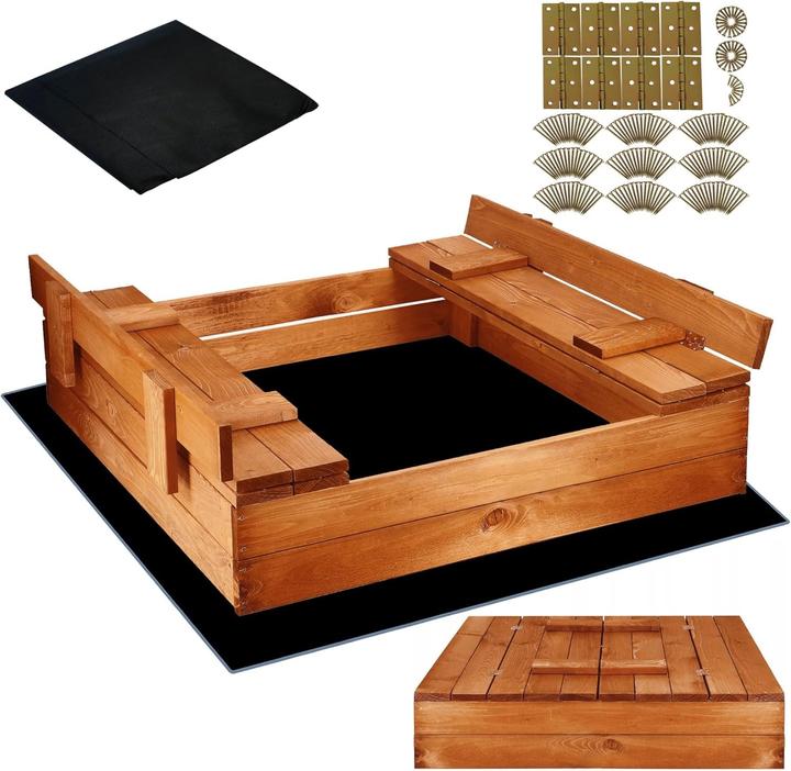 Milkii Sandkasten für Kinder aus Holz mit Abdeckung / Sitzbänke, 98 x 98 cm