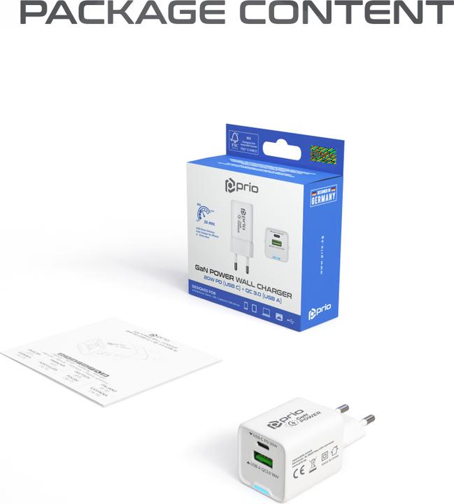 Produktbild prio Ladegerät GaN Power 20W PD (USB C) + QC 3.0 (USB A) weiss (20 W)
