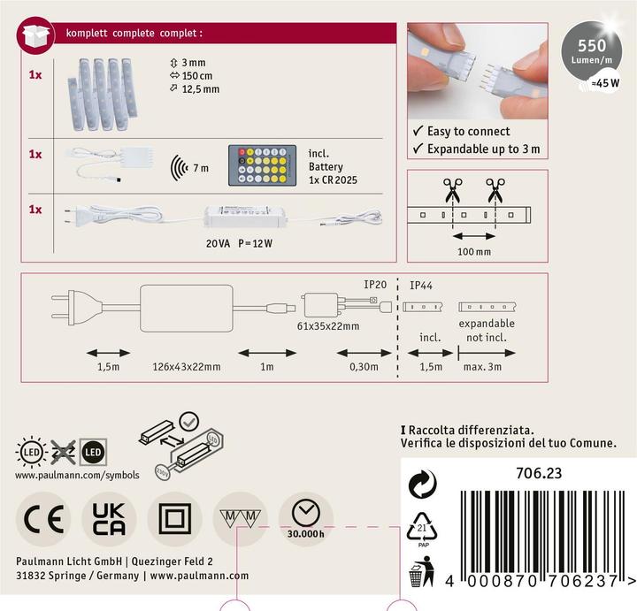 Produktbild Paulmann MaxLED 500 Stripe Set (Weiss, Neutralweiss, Tageslicht, 150 cm, Indoor)