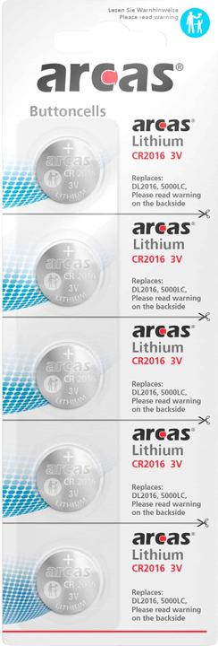 Arcas Batterie Lithium CR2016 3V, 5 Stück. (5 Stk., CR2016, 70 mAh)