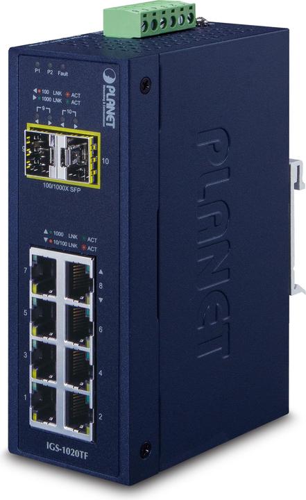 Image du produit Planet Commutateur Ethernet industriel IP30 8 ports 10/100/1000T 2 ports 100/1000X SFP (8 Ports)