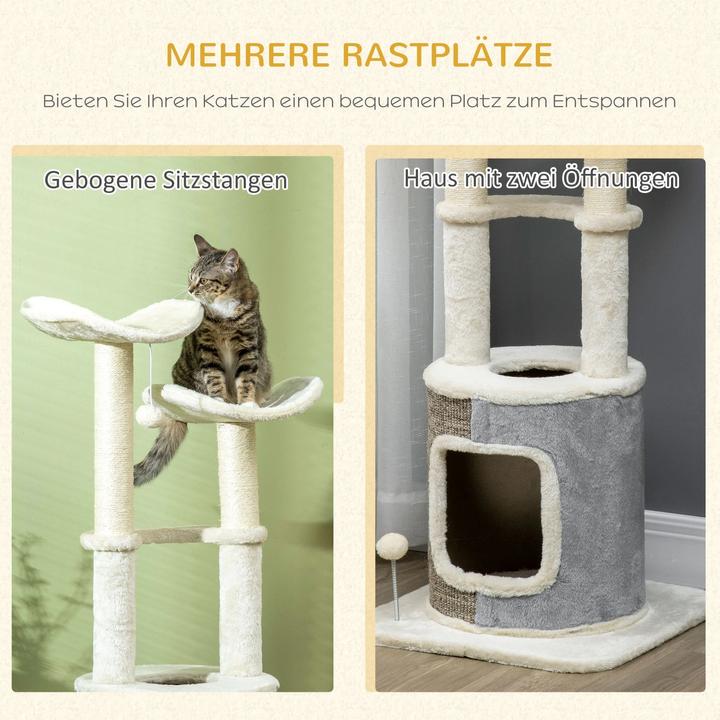 Actual product image PawHut Scratching post with cat cave, two platforms, plush cover, cream white, 48x48x110cm (110 cm, Cream white)