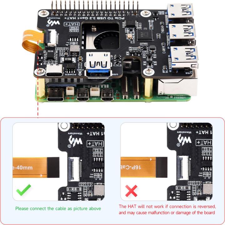 Image du produit WaveShare PCIe vers USB 3.2 HAT+ pour Raspberry Pi 5