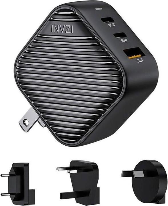 Actual product image Invzi GanHub 2x USB-C + USB wall charger, 65W, EU/UK/AU/US (black) (65 W)