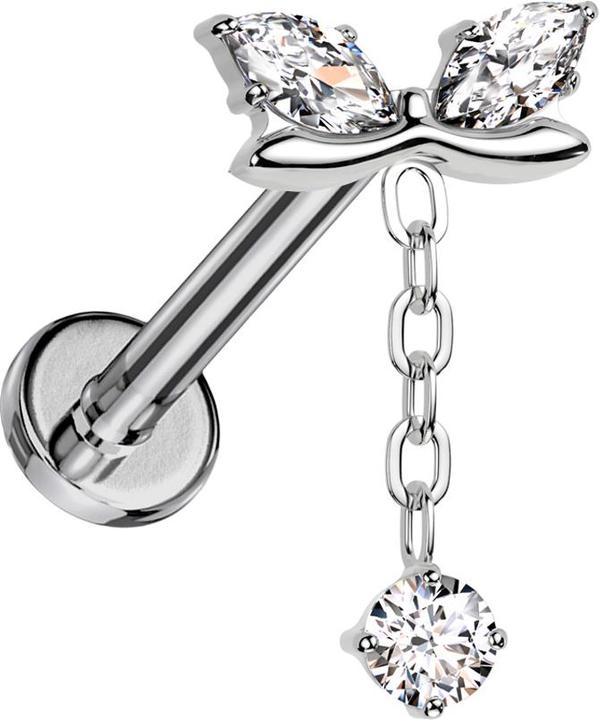 Immagine prodotto Hollywood Body Jewelry Micro labret filo interno argento barra curva due cristalli ovali argento catena pendente Kri (Titanio G23, senza ottone)
