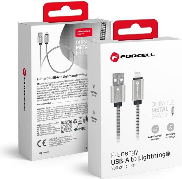 Image du produit Forcell Cable F-ENERGY Metal C236 cable USB A to Lightning 2,4A 12W 2 m silver (2 m, USB 3.2 Gen 1, 12 W)