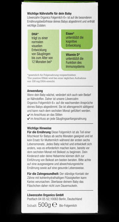 Nährwerte und Zutaten Löwenzahn Organics Bio Folgemilch 6+ (500 g, ab 6 Monaten)